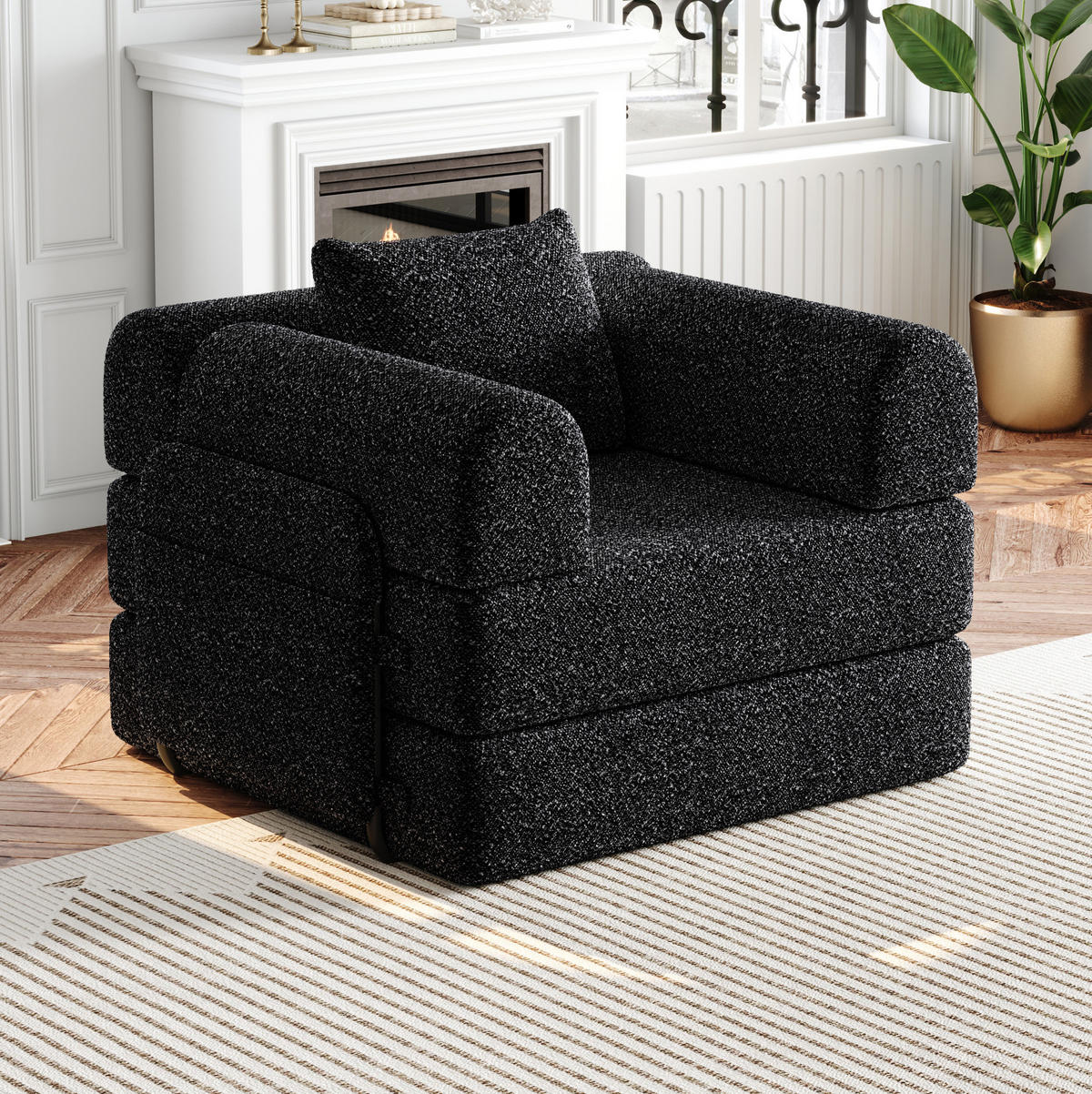 SCHLAFSOFA aus Chenille Schwarz 2-in-1 mit Armlehnen-Ablagefach und Stahlrahmen - Schwarz, Textil (94/49.5/181.6cm) - Modfu