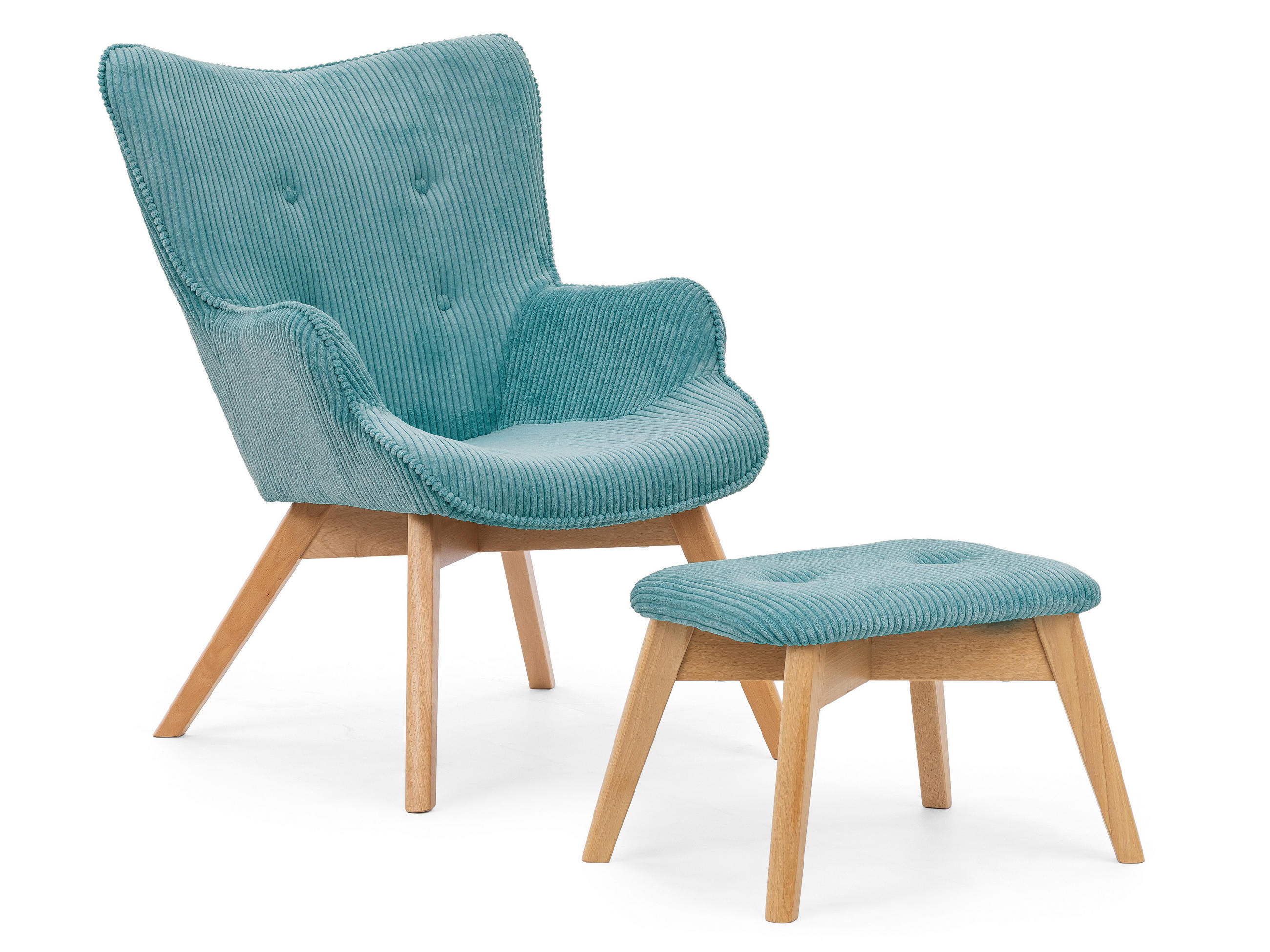 LOUNGESESSEL mit Fußhocker Lenari Türkis Cordstoff mit Füßen in Natur - Türkis/Naturfarben, Holz/Textil (71/96/86cm) - S-Style Möbel