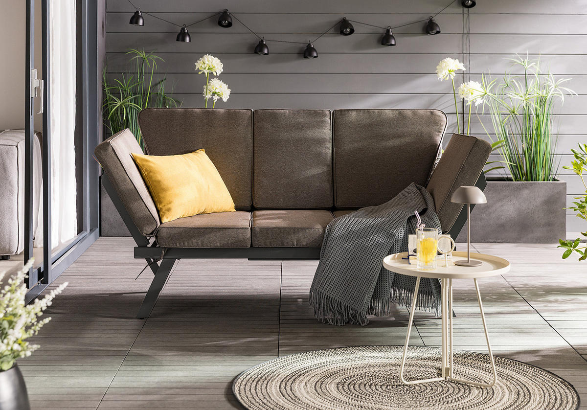 LOUNGESOFA - Stahl / Polyester - Anthrazit - Anthrazit/Braun, Holz/Textil (176/83/75cm) - home24