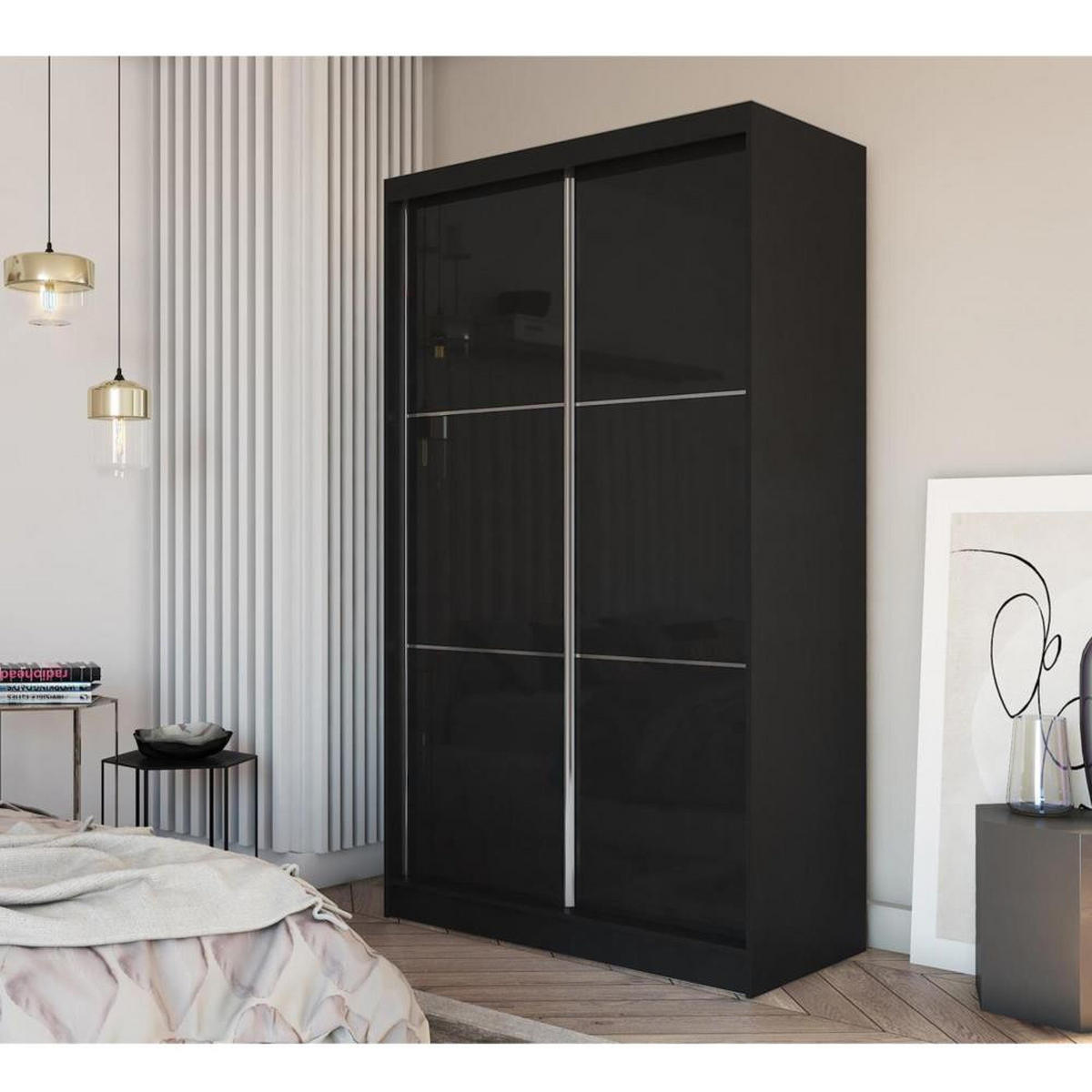 SCHWEBETÜRENSCHRANK Viva 120/216/61 schwarz mit Lacobel-Glas - Schwarz, Holzwerkstoff (120/216/61cm) - Beautysofa