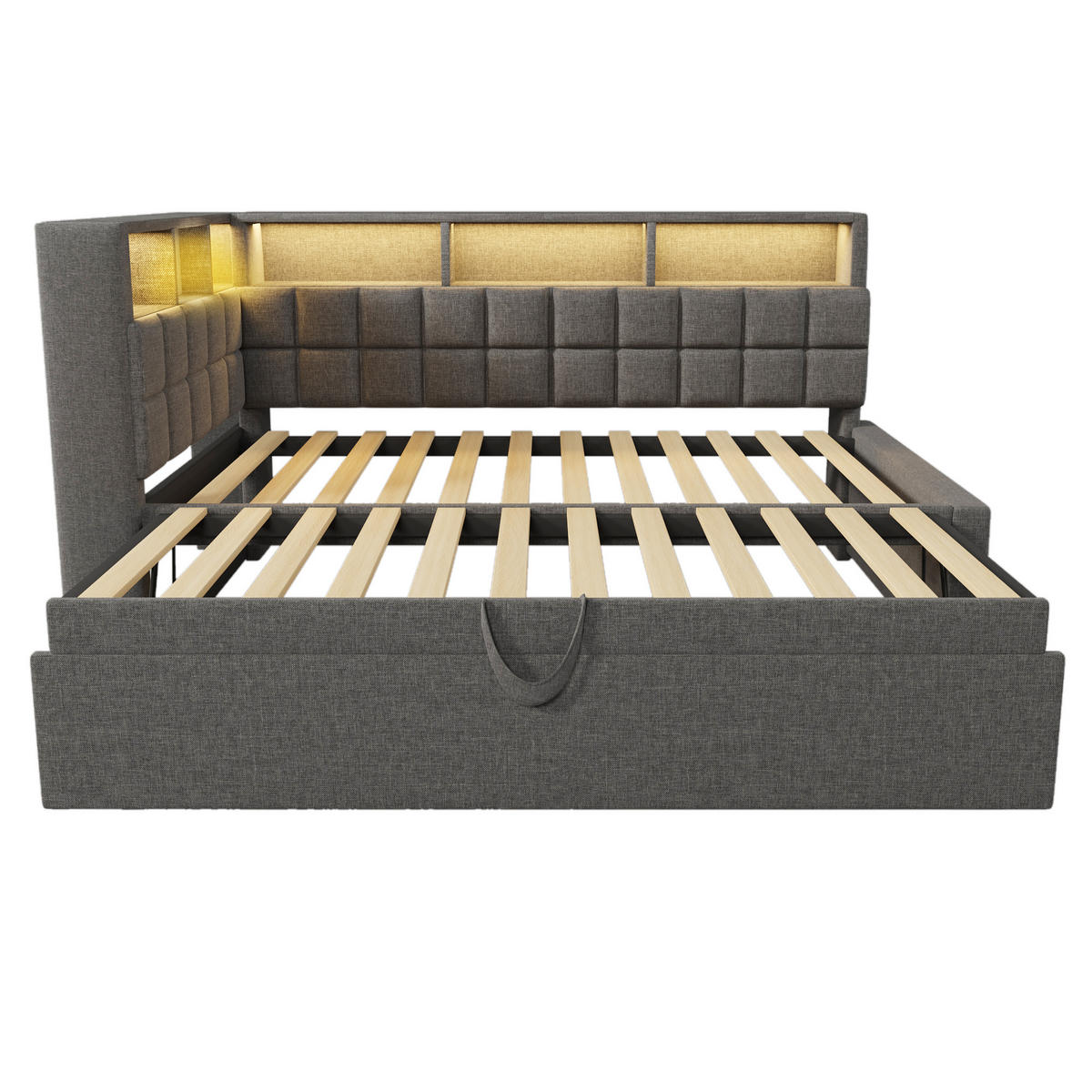 POLSTERBETT 90/200 cm aus Leinen mit Ausziehbett, LED, Bluetooth-Lautsprecher und USB-/USB-C-Anschluss, Grau - Grau, Textil (90/200cm) - Redom