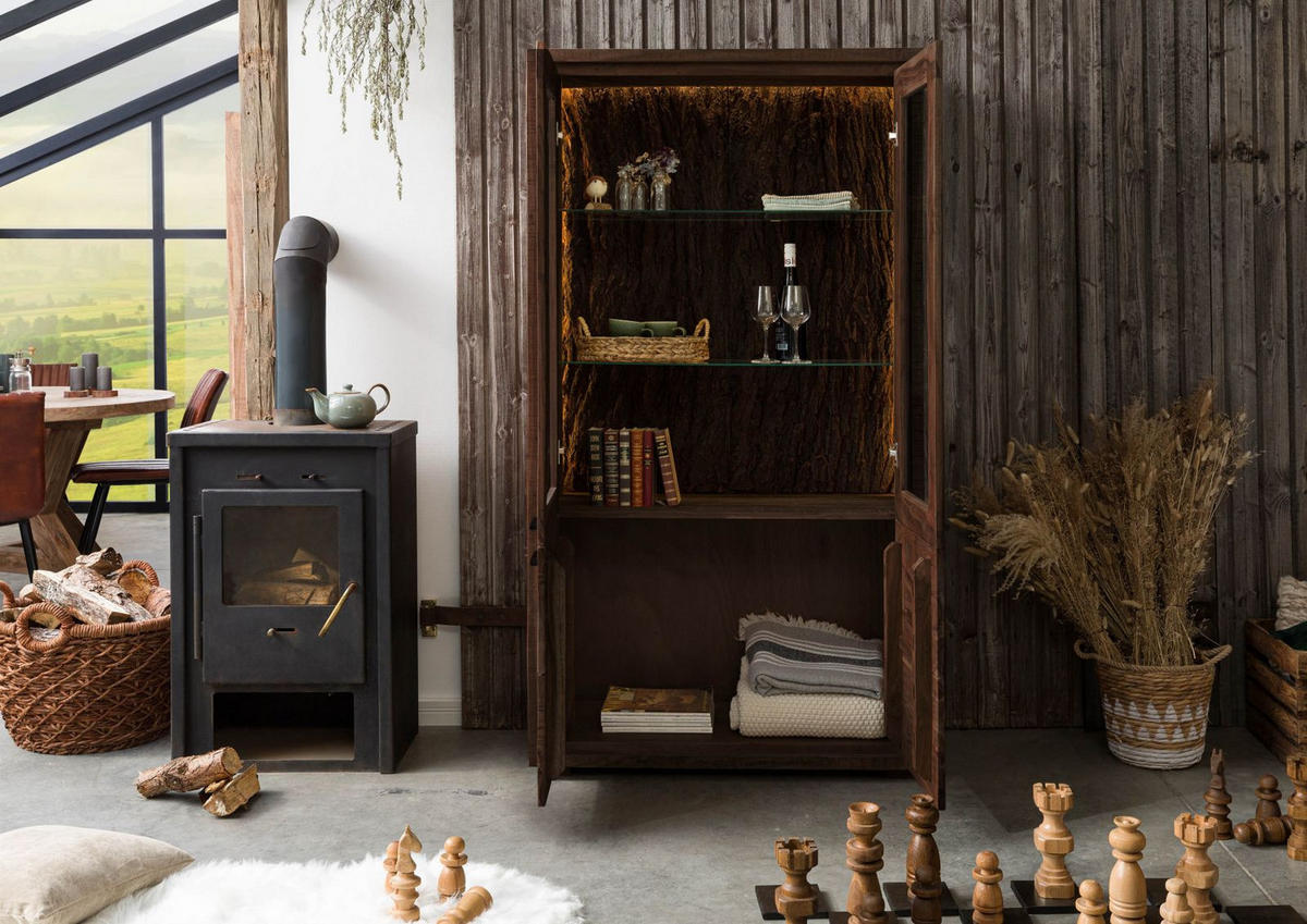 VITRINE Akazie 98x40x180 dunkelbraun lackiert BARK #208 - Dunkelbraun, Holz (98/180/40cm) - Massivmoebel24