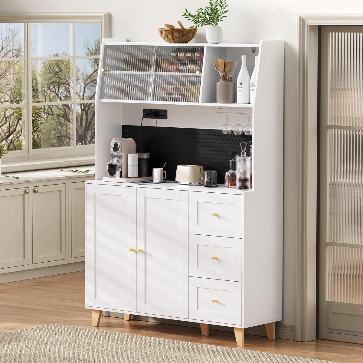 HIGHBOARD in Weiß Barschrank mit Weinglashaltern und Schubladen für Esszimmer und Küche, B120/T40/H184 cm - Naturfarben/Weiß, Glas/Holz (120/184/40cm) - STILVORA