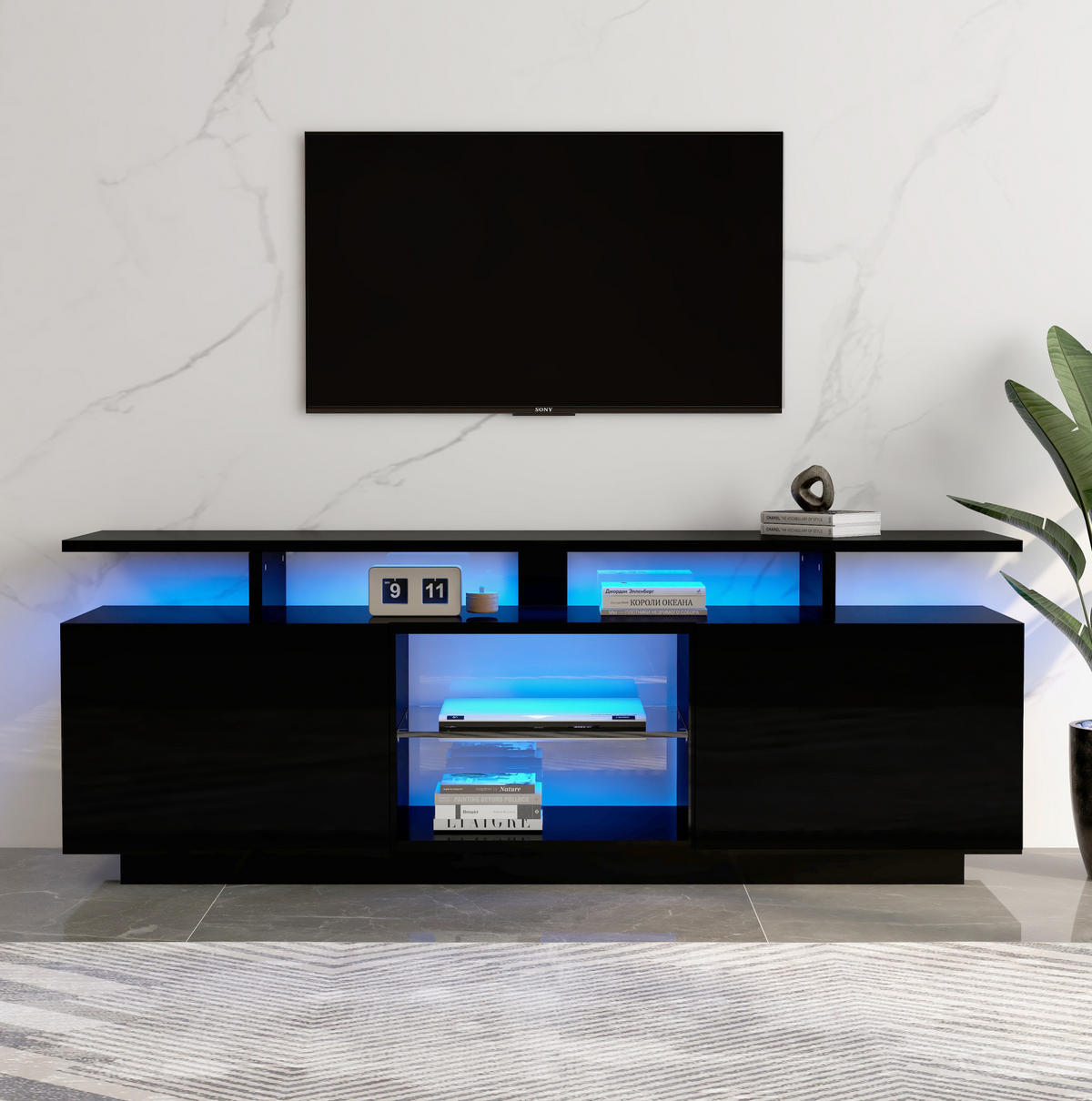 TV-SCHRANK aus Spanplatte 140x35x55 cm Schwarz mit LED-Beleuchtung, 2 Hochglanz-Türen und 5 offenen Fächern - Schwarz, Holzwerkstoff (140/55/35cm) - Modfu