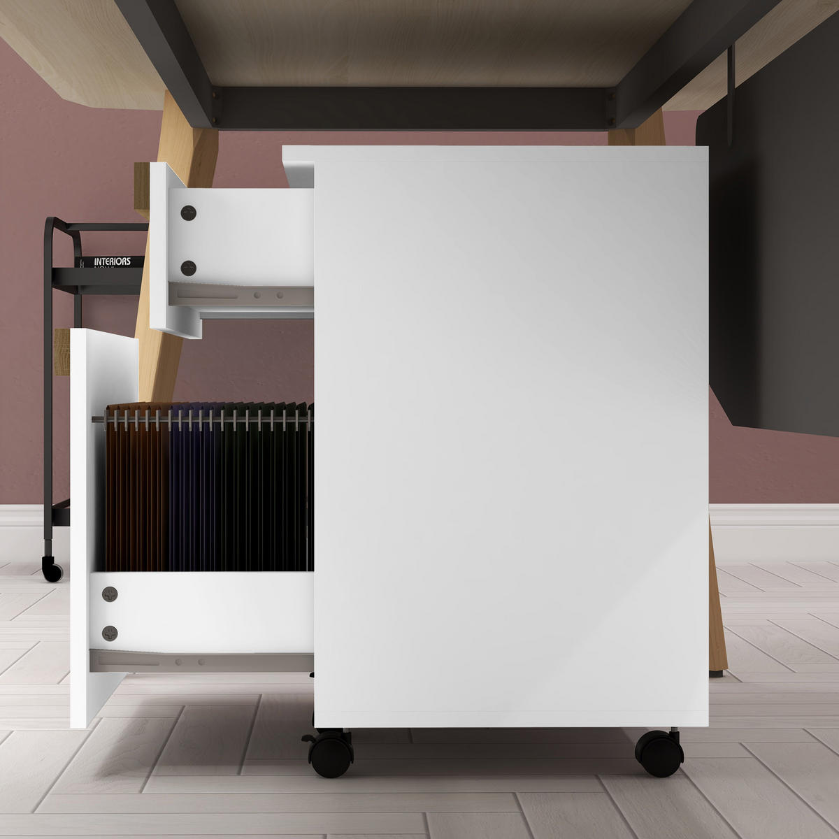 ROLLCONTAINER DE-14502 2 Schubladen mit Sortierer Weiß/Eiche - Weiß, Holzwerkstoff (40/59.5/48cm) - ComfortXL