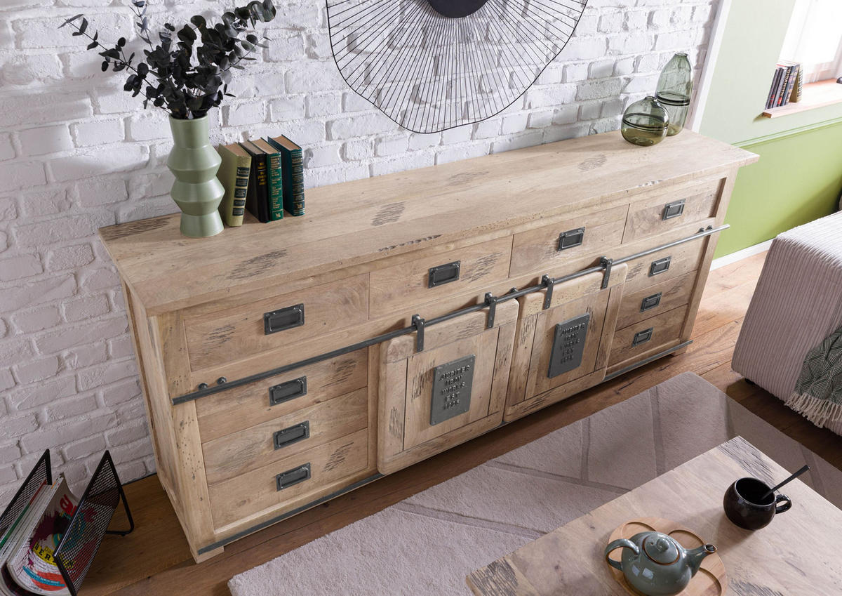 SIDEBOARD Mango 220x45x90 whitewash lackiert RAILWAY #392 - Beige, Holz (220/90/45cm) - Massivmoebel24