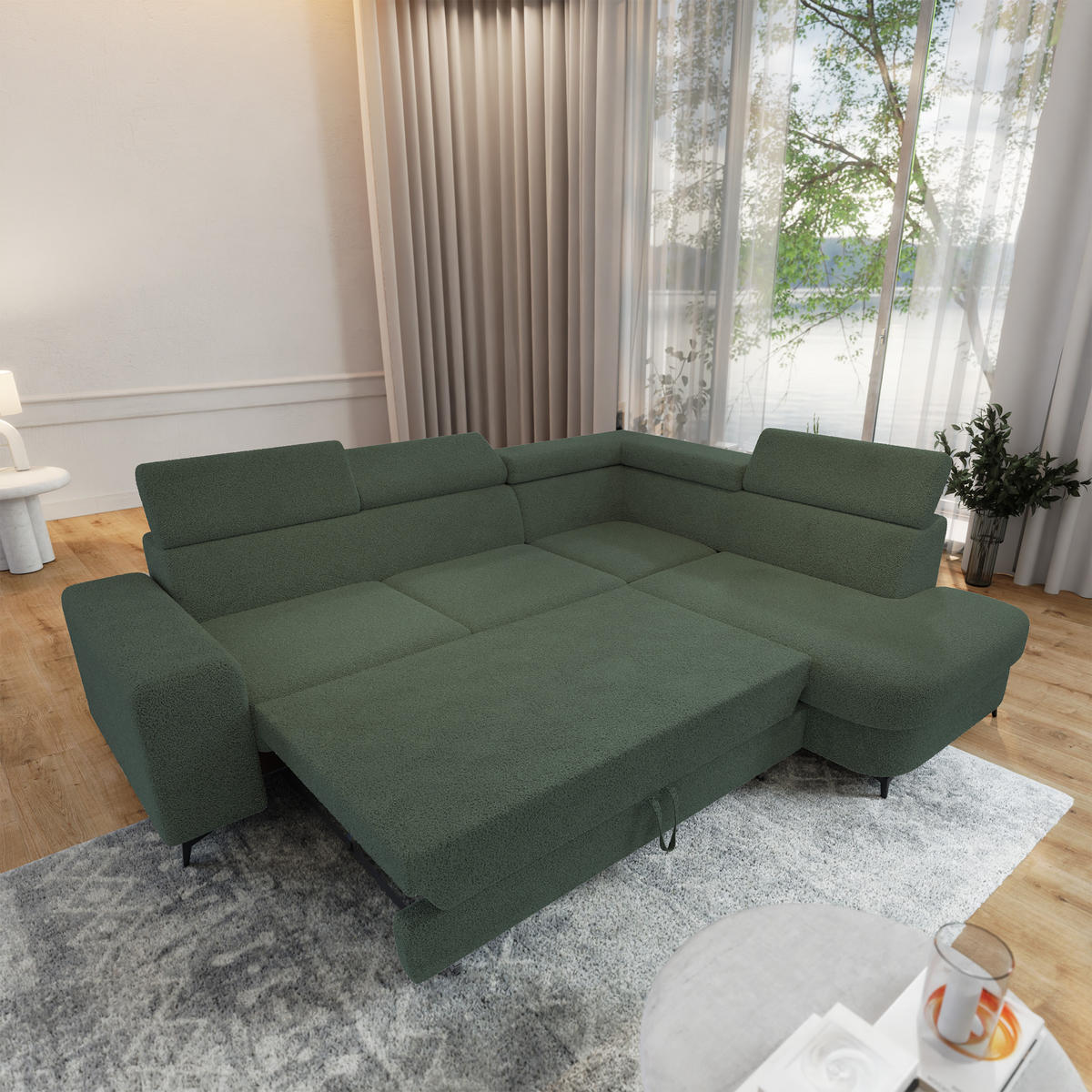 ECKSOFA ALVORO R-S Grün Boucle-Stoff mit Schlaffunktion - Grün, Holz (253/190cm) - MASSENO