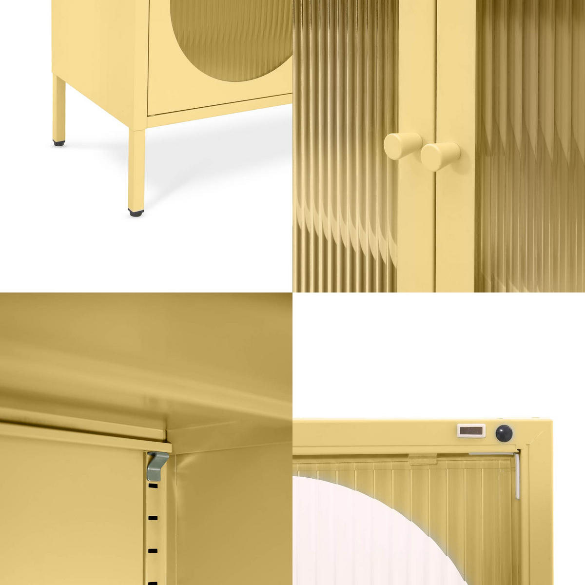 SIDEBOARD KURT aus Metall im Industriestil mit 2 Türen, Pastellgelb und geriffeltem Glas, 80 cm - Hellgelb, Metall (80/90/35cm) - Sicaan