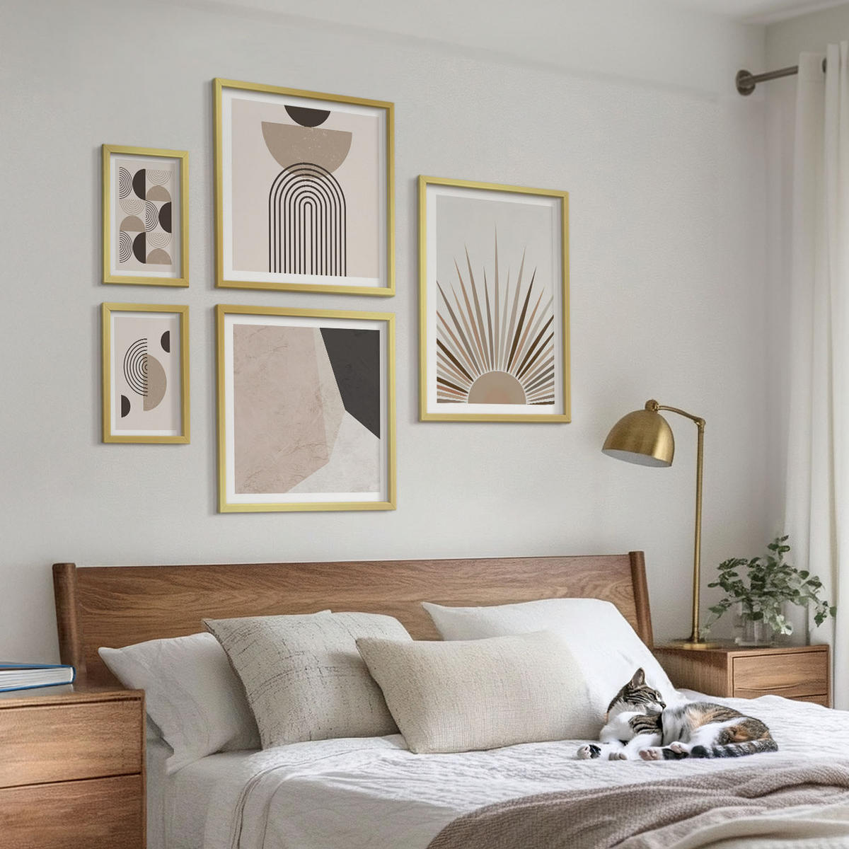 BILDER SET 5er Set - 50x50 cm & 20x30 cm & 40x60 cm Goldrahmen - Abstrakte beige und braune Formen - Goldfarben, Kunststoff (40/60cm) - TULUP