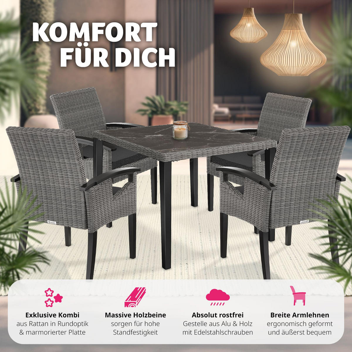 GARTENTISCH Tarent mit 4 Stühlen Rosarno, Armlehnen und Füße aus Holz, grau - Grau, Kunststoff - tectake