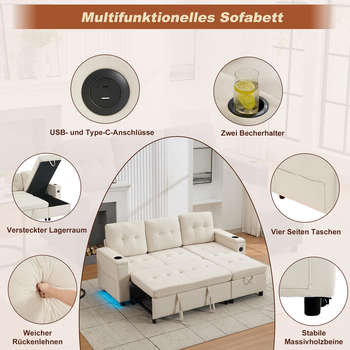 SCHLAFSOFA, Stoff mit Stauraum & LED-Lichtleiste, 208/146/89,5 cm, Beige - Beige, Textil (146/89.5/208cm) - Redom