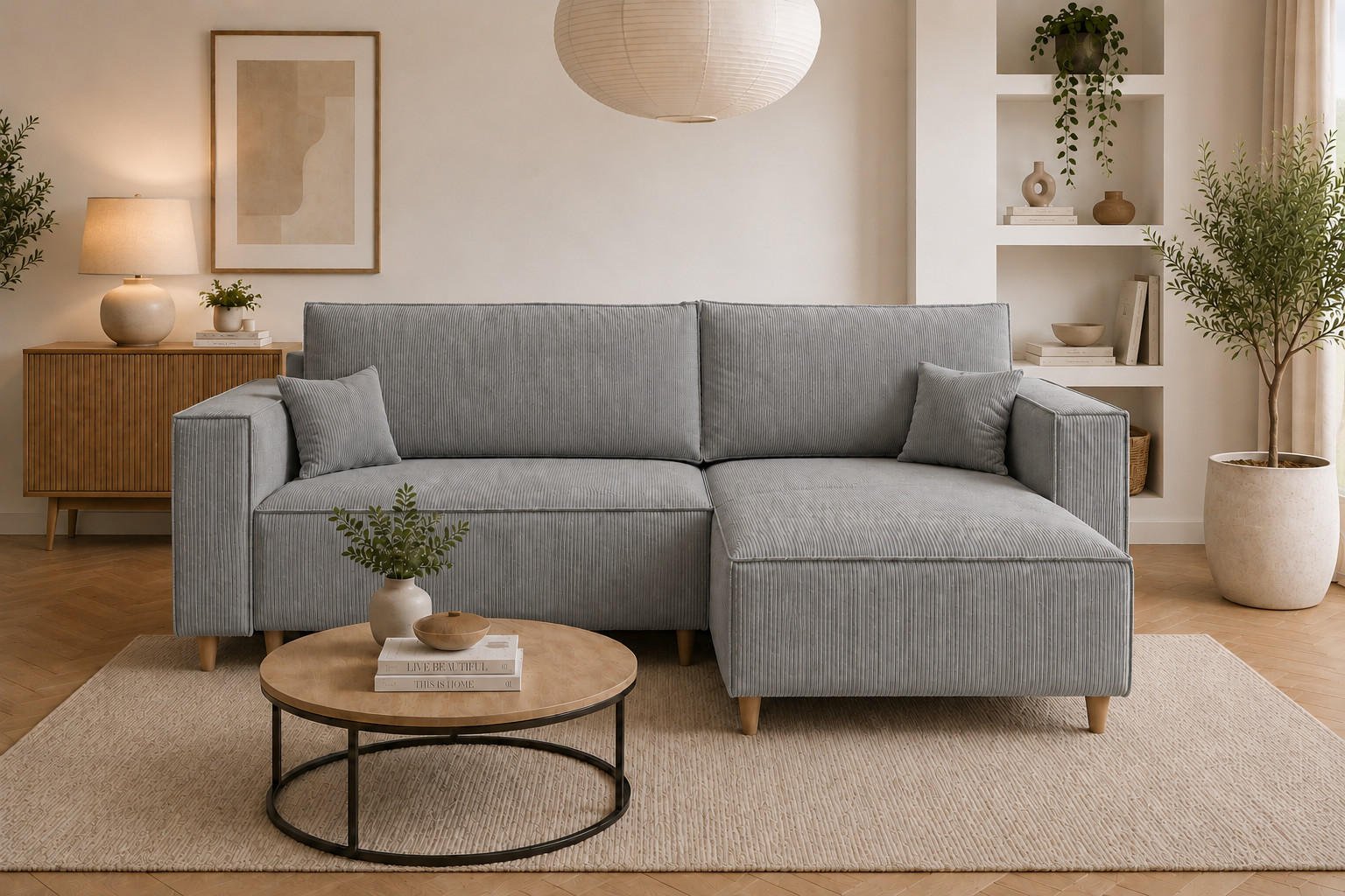 ECKSOFA mit Schlaffunktion und Bettkasten Rio, Ecksofa Cordstoff Hellgrau, Ottomane Universal, 249x142 cm - Hellgrau, Textil (249/142cm) - Marpur