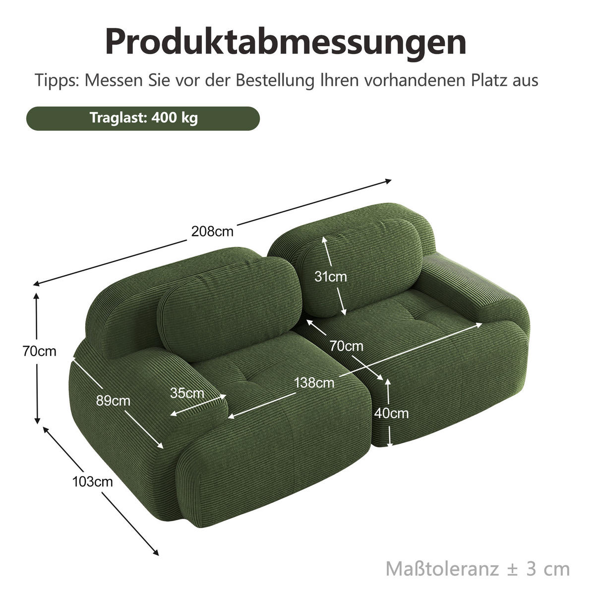 SOFA 208/103/70 cm in Grün aus Cord mit rutschfester Unterseite - Grün, Textil (103/70/208cm) - Flora Grace
