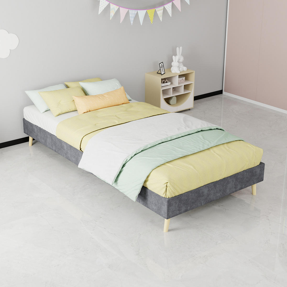 BETT 90/200 cm in Grau Stoff Metallgestell Kopfteilloses Design - Naturfarben/Grau, Holzwerkstoff/Textil (90/200cm) - STILVORA