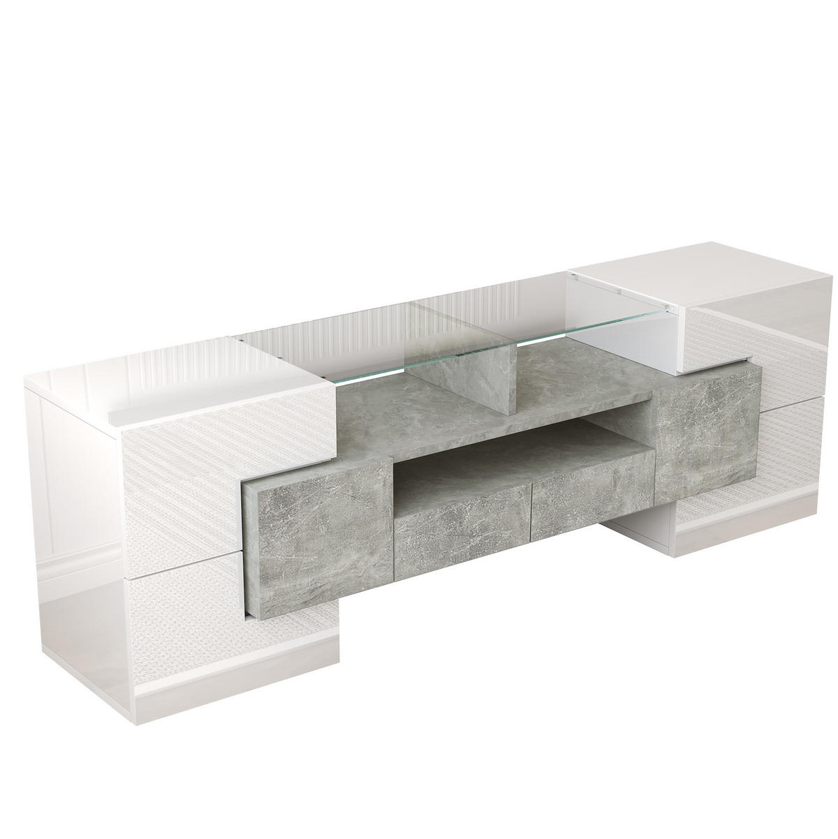 TV-LOWBOARD aus Spanplatte und MDF 145x30x51 cm Hochglanzweiß/Beton mit Mehrfarben-LED - Weiß, Holzwerkstoff (145/51/30cm) - IVMEU