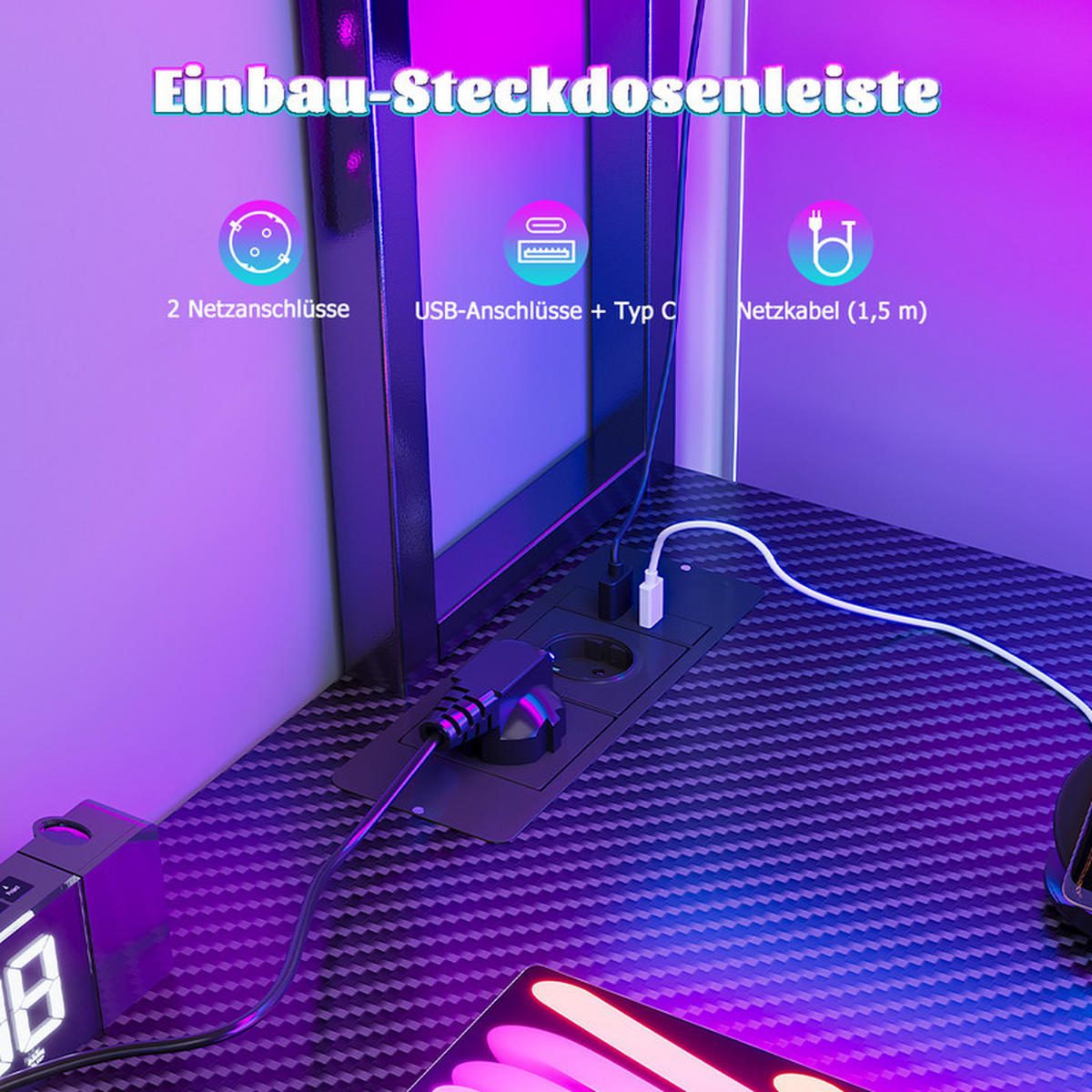 GAMINGTISCH L-förmig mit LED, 148 x 100 x 75 cm, großer Eck-Computertisch mit Stauraum, mit Monitorständer, 2 Steckdosen und USB, 3 Schubladen - Schwarz, Metall (150/48/75cm)