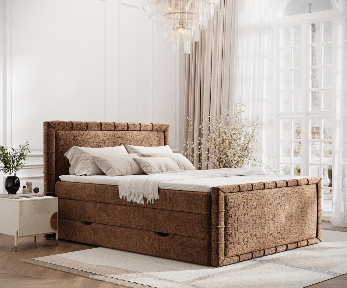 BOXBETT Estelle Kupferfarbe 160/200 cm im Chenille-Stoff - Schwarz/Kupferfarben, Holz/Holzwerkstoff (160/200cm) - Maison de Reve