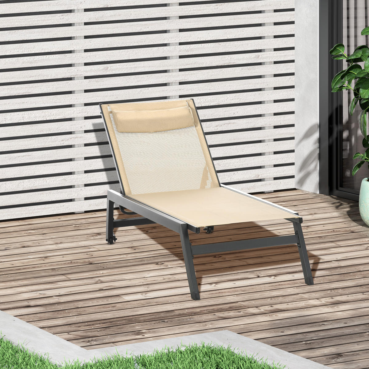 SONNENLIEGE DE-15612 Aluminium + Textilene, klappbar, mit Rollen & Kopfkissen Khaki - Mokka, Metall (55/90/164cm) - ComfortXL