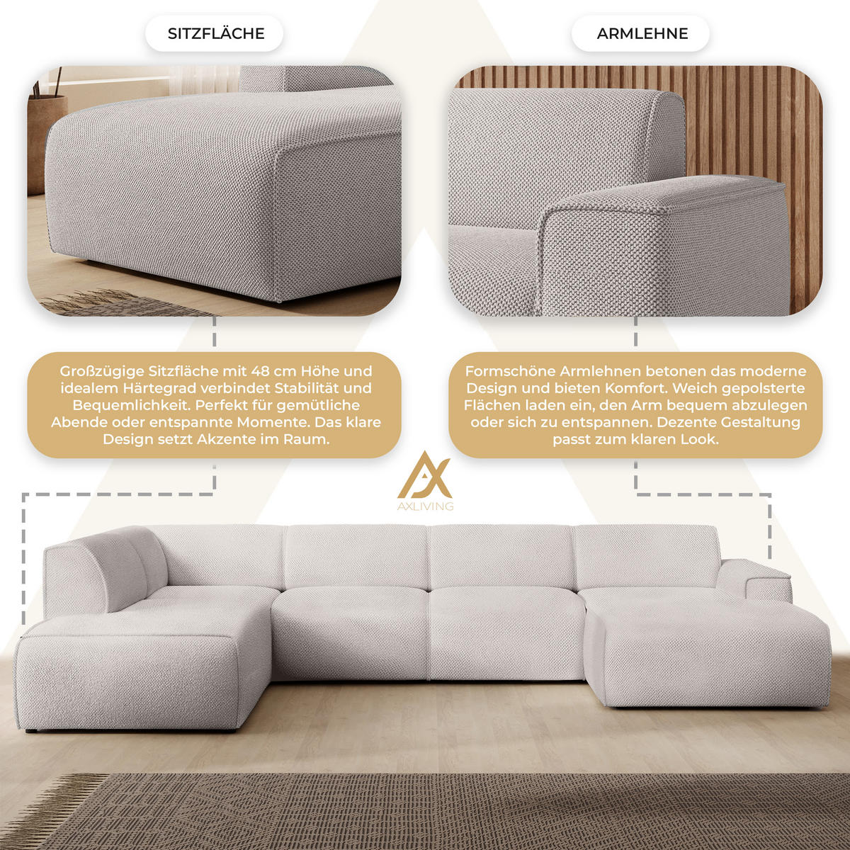 WOHNLANDSCHAFT Didim Beige 378/220/78 cm – großes Sofa stilvoll & bequem L - Beige/Schwarz, Kunststoff/Textil (220/78/378cm) - AX Living