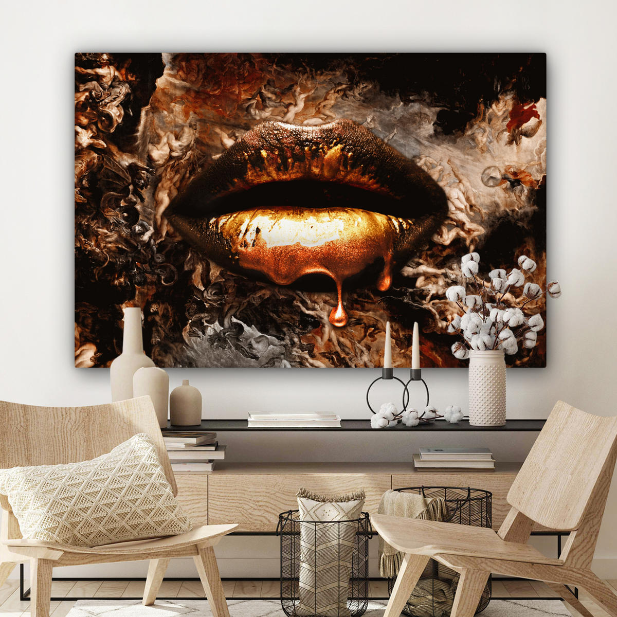 LEINWANDBILD Gold - Lippen - Kunst - Gold - Luxus - Abstrakt Wohnzimmer 120x80 cm - Bronzefarben, Textil (120/80cm) - MuchoWow
