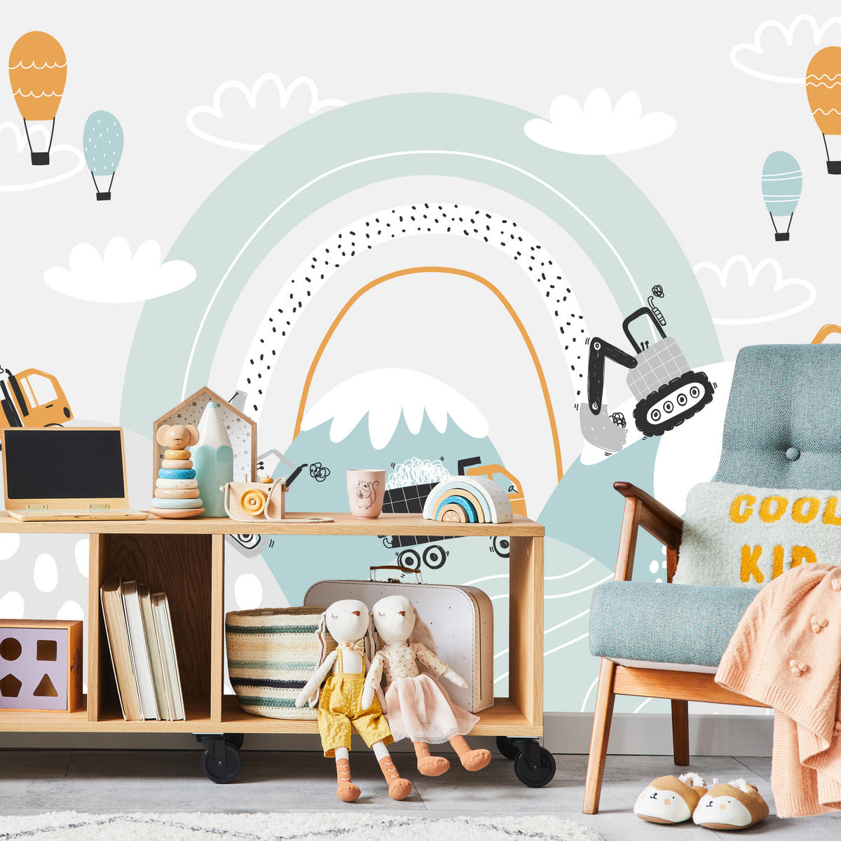 FOTOTAPETE für Kinderzimmer Baumaschinen Regenbogen Hügel Wolken 300x210 - Blau/Schwarz, Papier (300/210cm) - Muralo