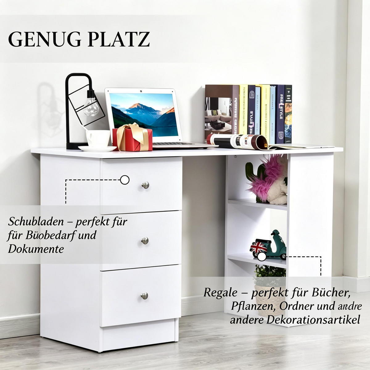 SCHREIBTISCH 120 x 49 x 72 cm mit 3 Schubladen - Weiß, Holzwerkstoff (49/120/72cm) - Gisaae