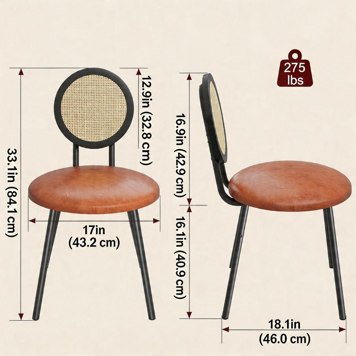 POLSTER-ESSZIMMERSTUHL 4er-Set mit Rattan-Rückenlehne und Metallbeinen Schwarz/Braun - Braun, Metall (43.1/84.1/43.1cm) - Garvee
