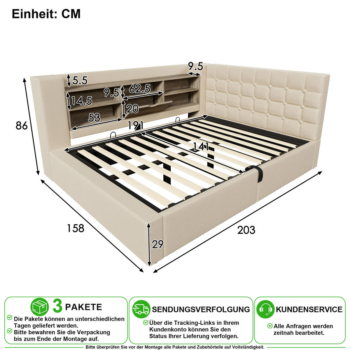 POLSTERBETT 140/190 cm in Beige mit Stauraum, LED und USB Leinen - Beige, Holzwerkstoff/Textil (140/190cm) - CHICFURN