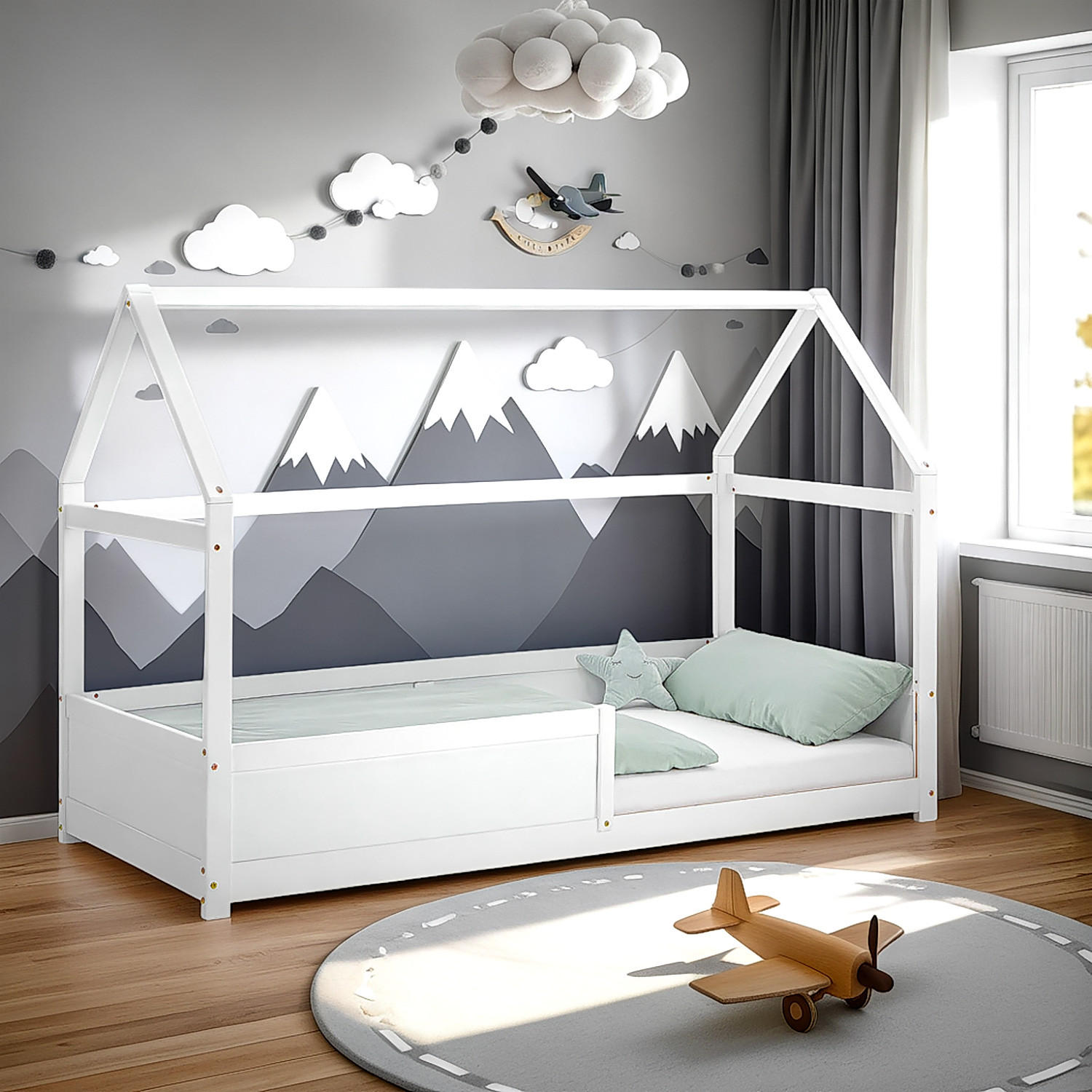 BODENBETT 90/200 cm in Weiß mit Lattenrost - Weiß, Holz (206/141/97cm) - Homestyle4u