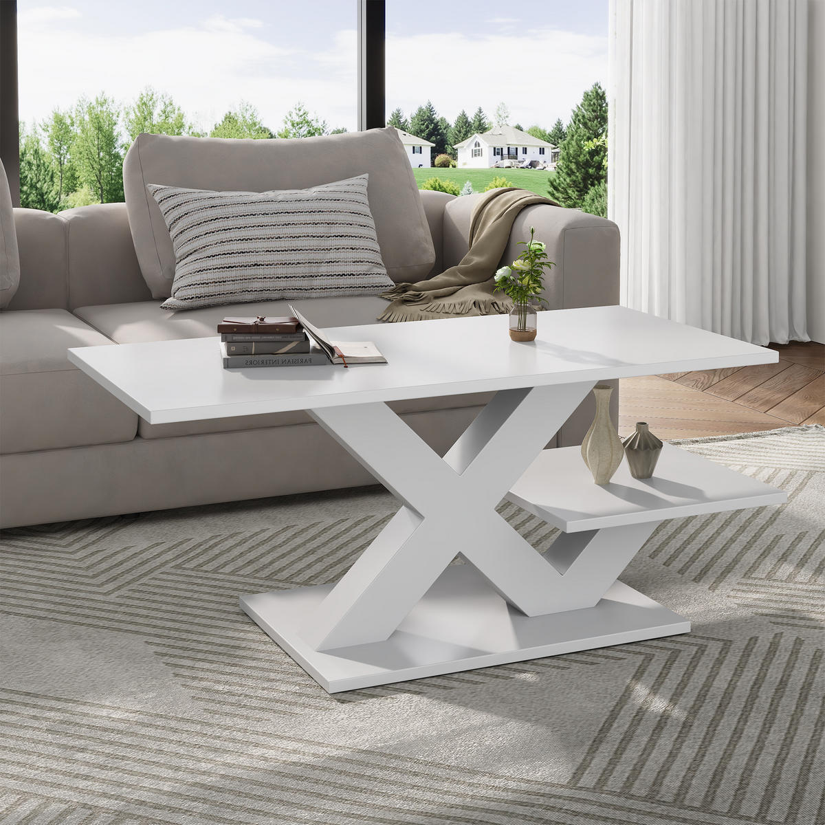COUCHTISCH DE-37146 mit X-förmigen Beinen und Doppeltischplatte Weiß - Weiß, Holzwerkstoff (100/48/45cm) - ComfortXL