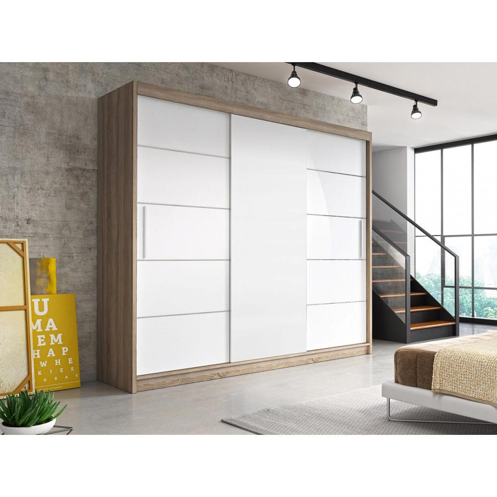 SCHWEBETÜRENSCHRANK Alba Sonoma/Weiß ohne Spiegel + LED Beleuchtung 250 cm - Alufarben/Weiß, Glas/Holzwerkstoff (250/218/61cm) - imoebel24