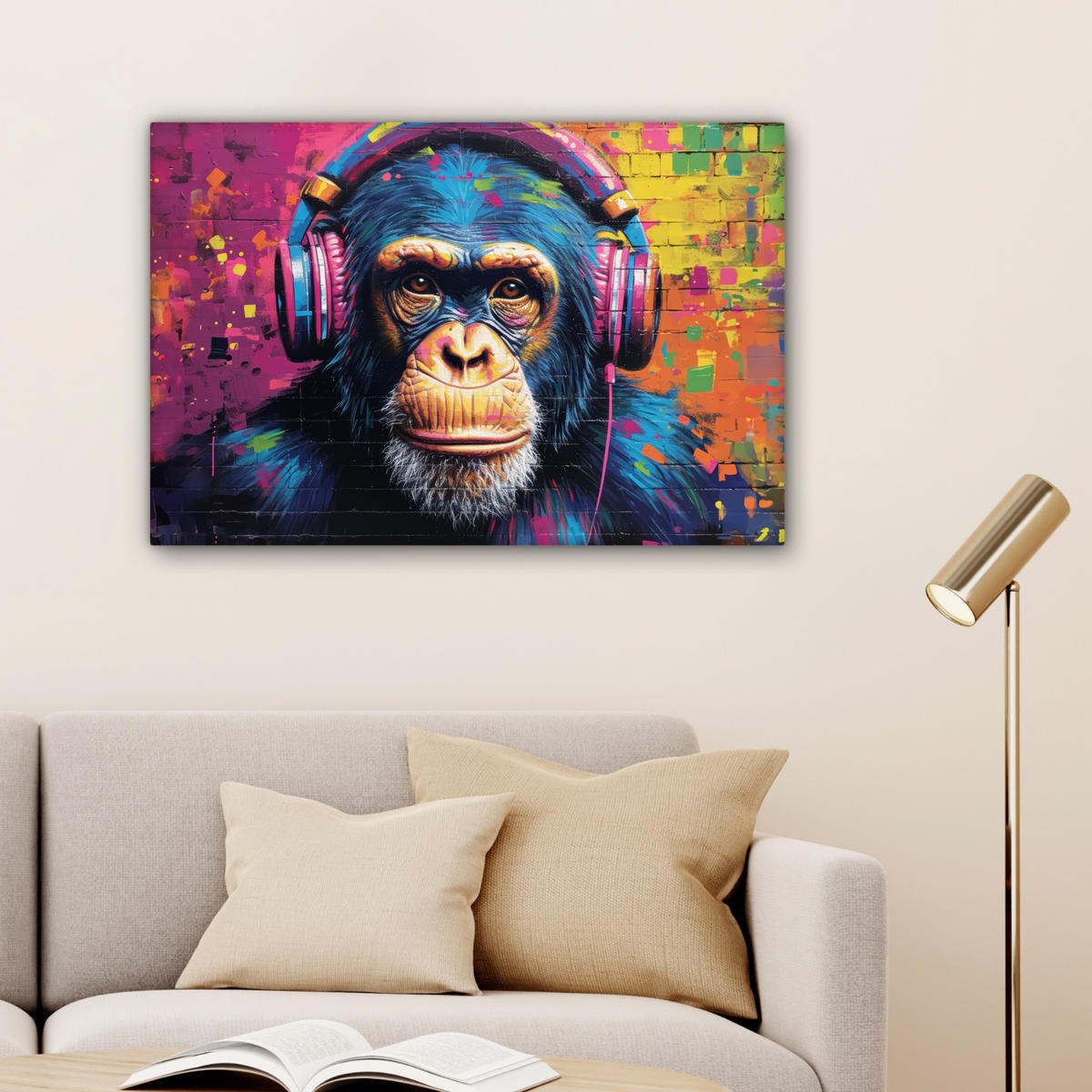 LEINWANDBILD Graffiti - Schimpanse - Straßenkunst - Kopfhörer - Affe 60x40 cm - Blau, Textil (60/40cm) - MuchoWow