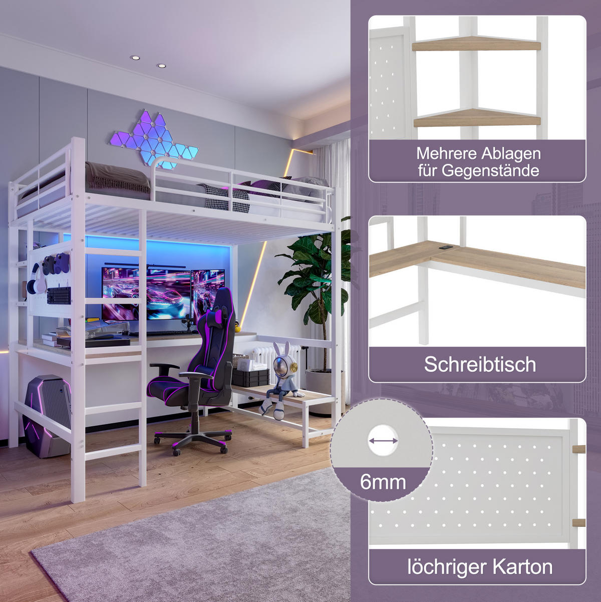 HOCHBETT 90/200 cm aus Metall mit Schreibtisch und LED-Leiste, Weiß - Weiß, Metall (90/200cm) - OKMYHOME