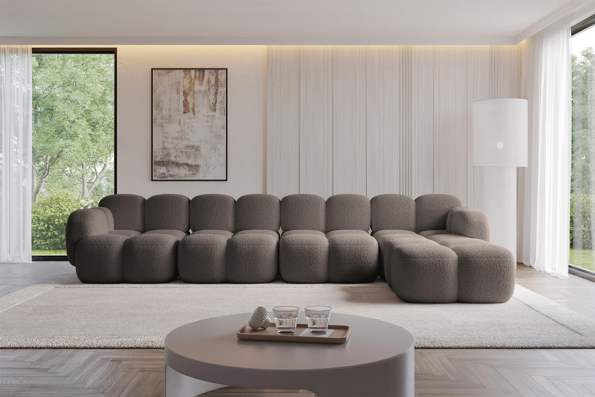 ECKSOFA modulares Sofa Rechts Miko-L3 390x205x75 Braun Bouclé - Dunkelbraun/Schwarz, Holzwerkstoff/Kunststoff (390/205cm) - ALTDECOR