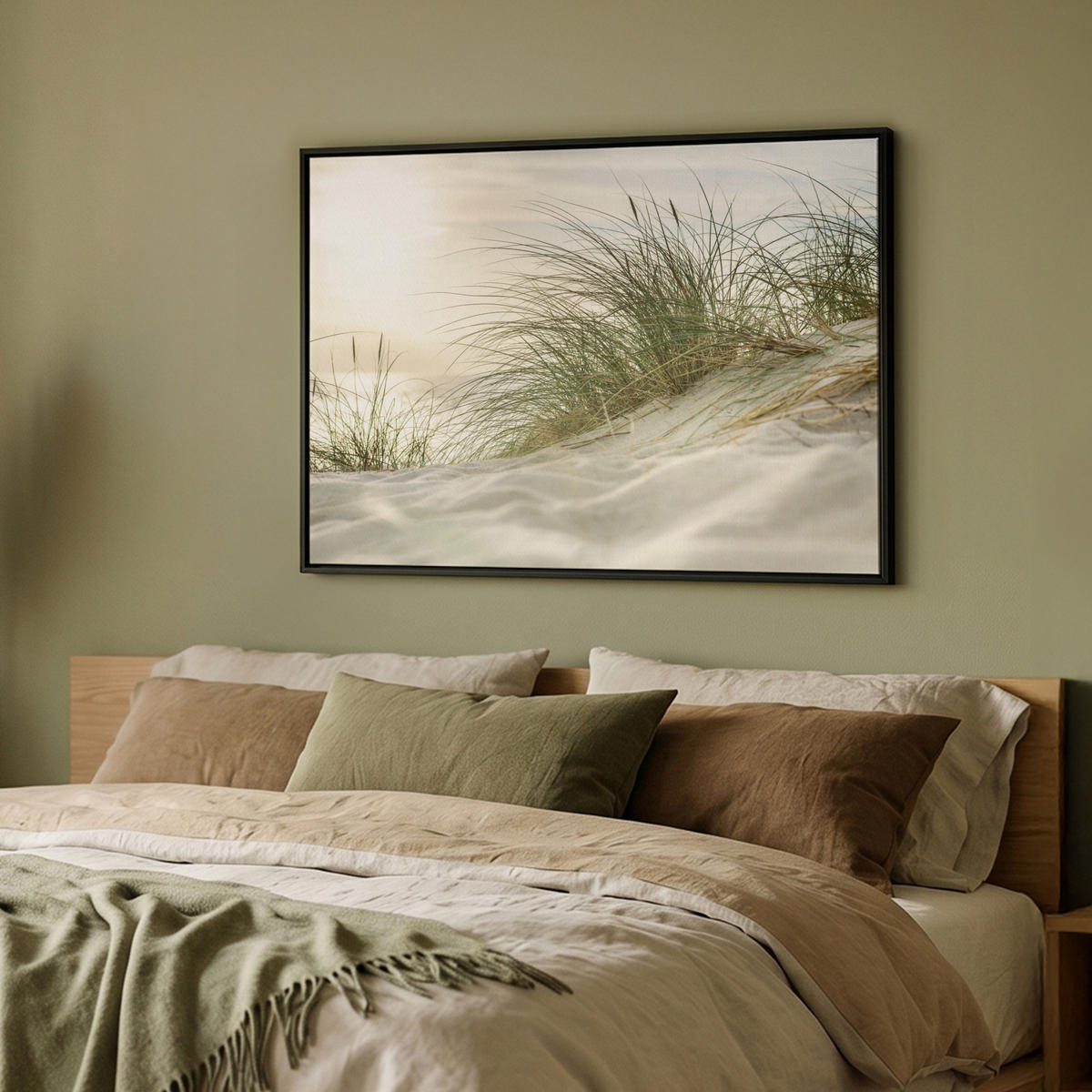 LEINWAND Bilder mit Rahmen - Dünen mit Strandhafer in der Sonne des Nationalparks Schleswig-Holsteinisches Wattenmeer - 100x70 - Creme, Textil (100/70cm) - MuchoWow