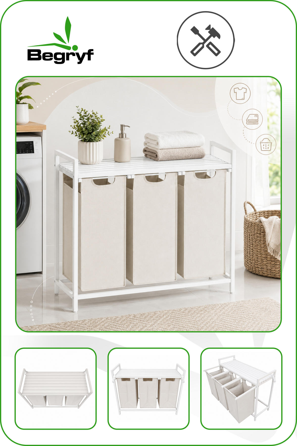 WÄSCHEKORB Metall Stoff MDF Weiß Beige 3 Wäschesäcke 114l 92,5x33x71 cm - Beige/Weiß, Metall (92.5/71/33cm) - Begryf