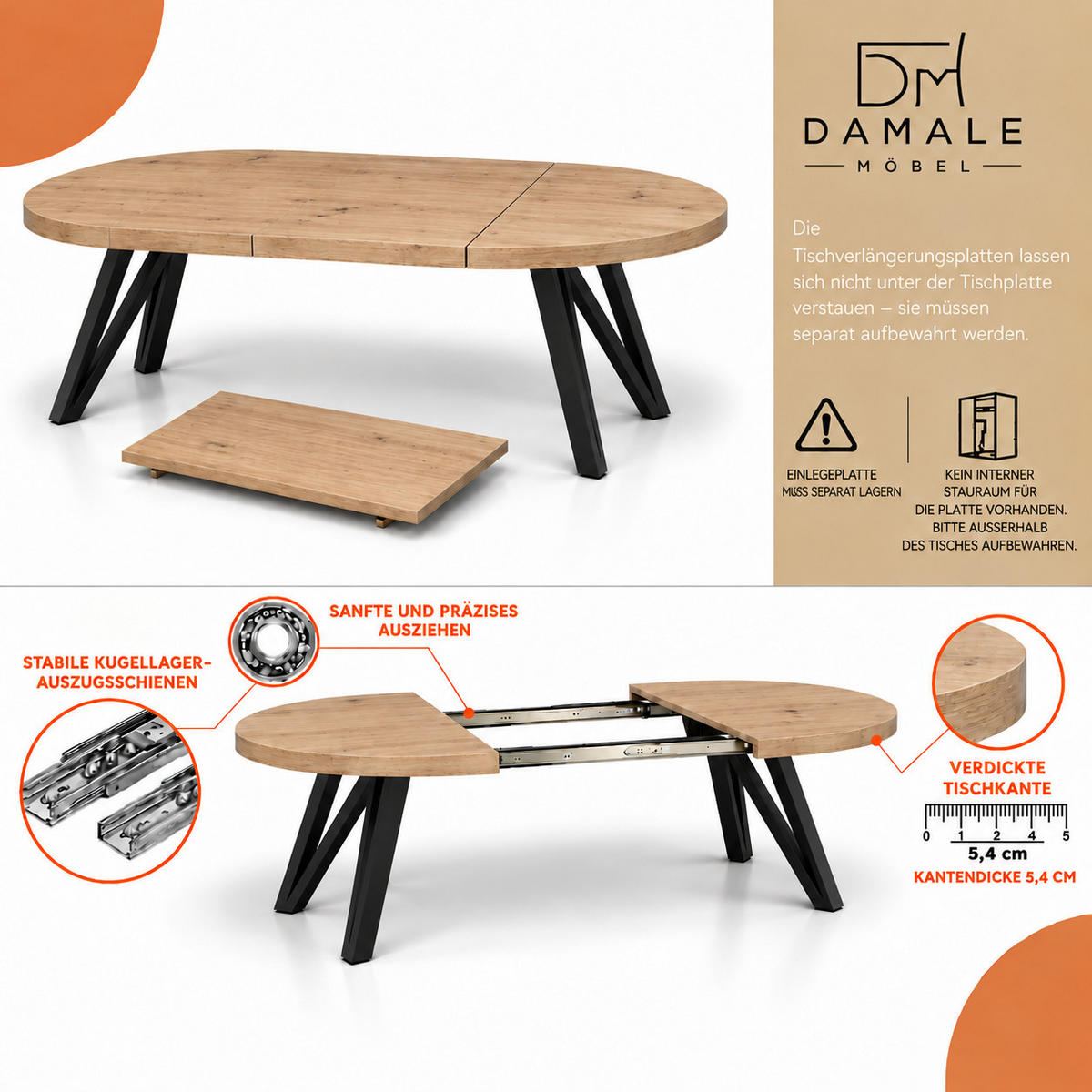 ESSTISCH rund ausziehbar 110/210/76 cm, Artisan Eiche, 54 cm Tischplatte + Industrial Metallgestell Schwarz - Schwarz/Eiche Artisan, Holzwerkstoff/Metall (110/210/76cm) - Damale Möbel