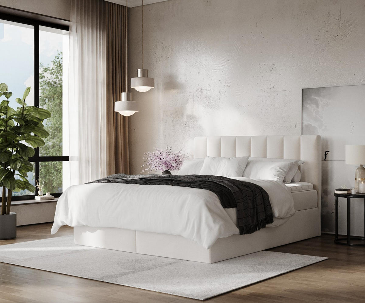 BOXBETT Lusso 200/200 cm Creme im Paros Stoff - Creme/Schwarz, Holz/Holzwerkstoff (200/200cm) - AltaBeds