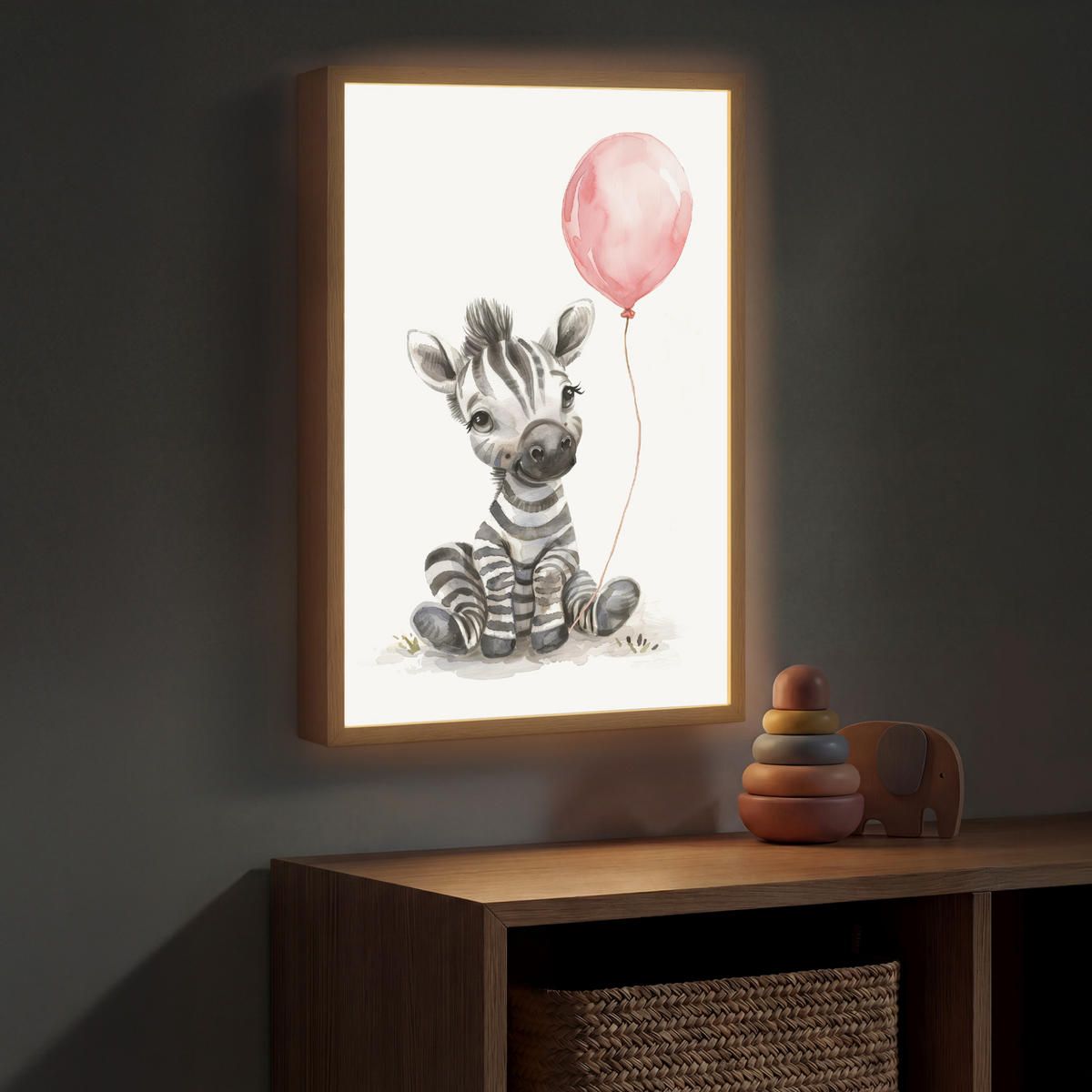 NACHTTISCHLAMPE MIT AKKU Zebra - Baby - Tiere - Rosa Luftballon 40x60 cm - Weiß, Holzwerkstoff (8/40/60cm) - OnlyWow