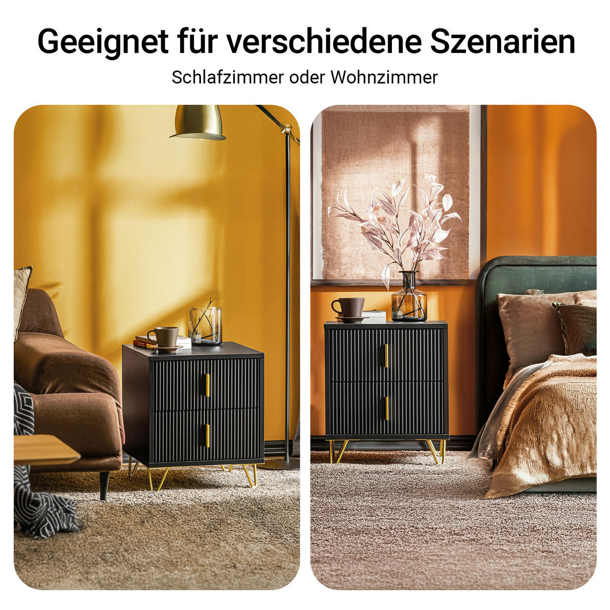 NACHTTISCH mit 2 Schubladen, Schwarz, 40x47x40cm - Schwarz, Holzwerkstoff/Metall (40/47/40cm) - SoBuy