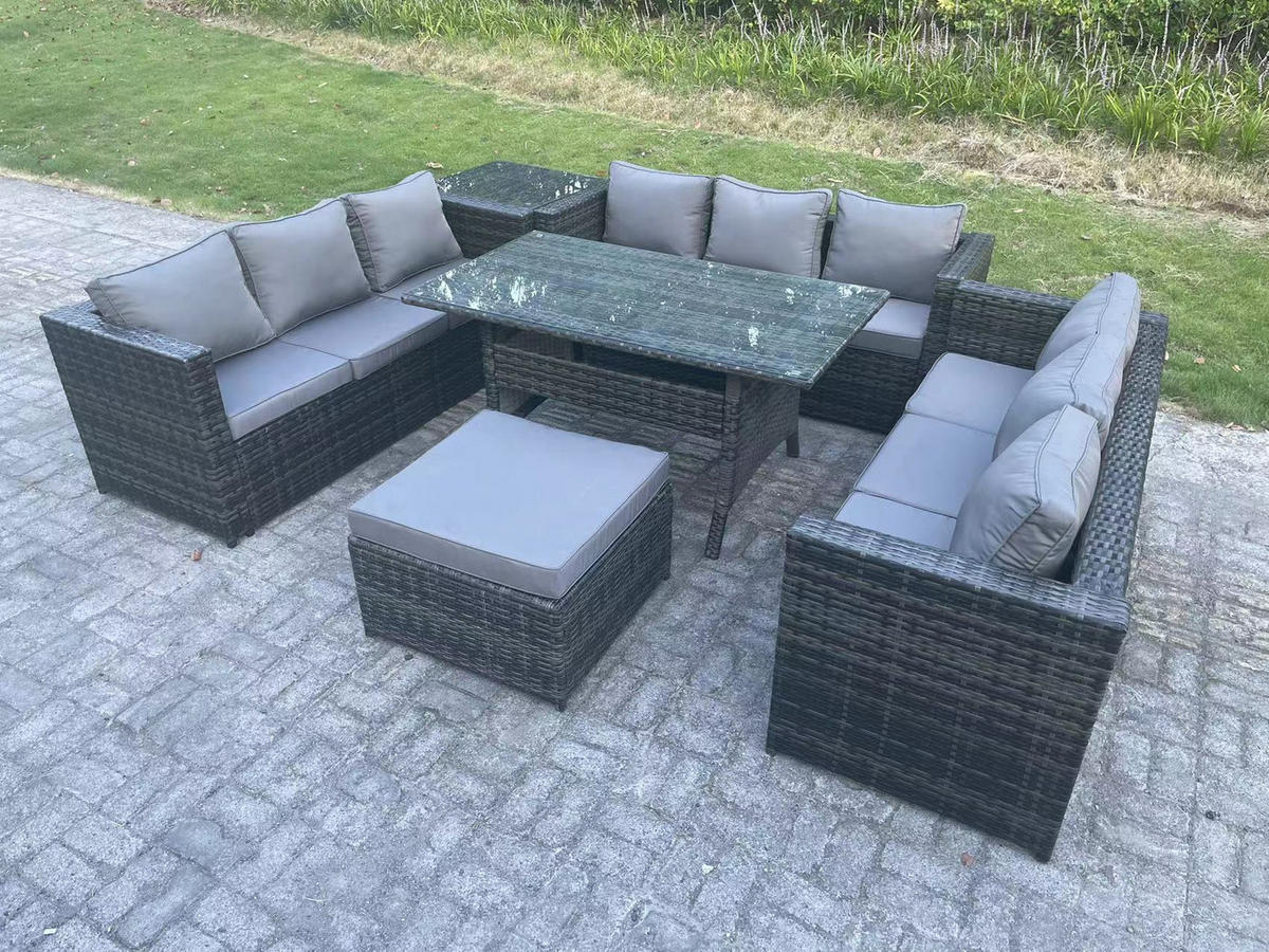 GARTENMÖBEL SET mit Hocker,Esstisch Polyrattan 10-Sitzer - Dunkelgrau/Grau, Glas/Kunststoff - Fimous