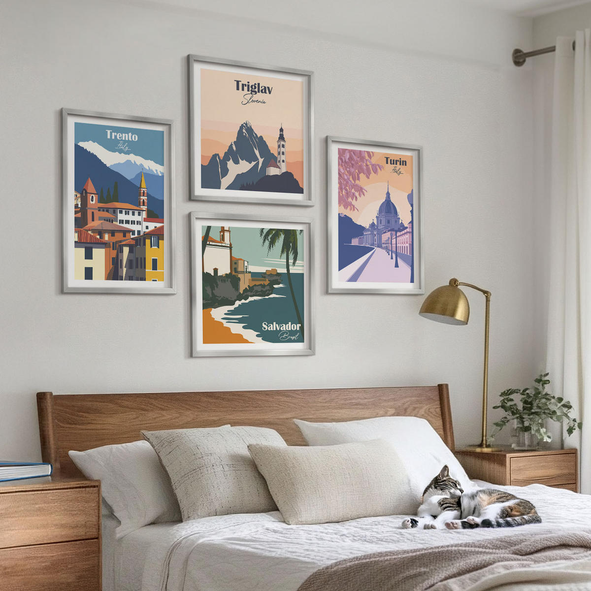 BILDER SET 4er Set - 50x50 cm & 40x60 cm Silberner Rahmen - Illustrationen zur Retro-Architektur der Berge - Silberfarben, Kunststoff (50/50cm) - TULUP