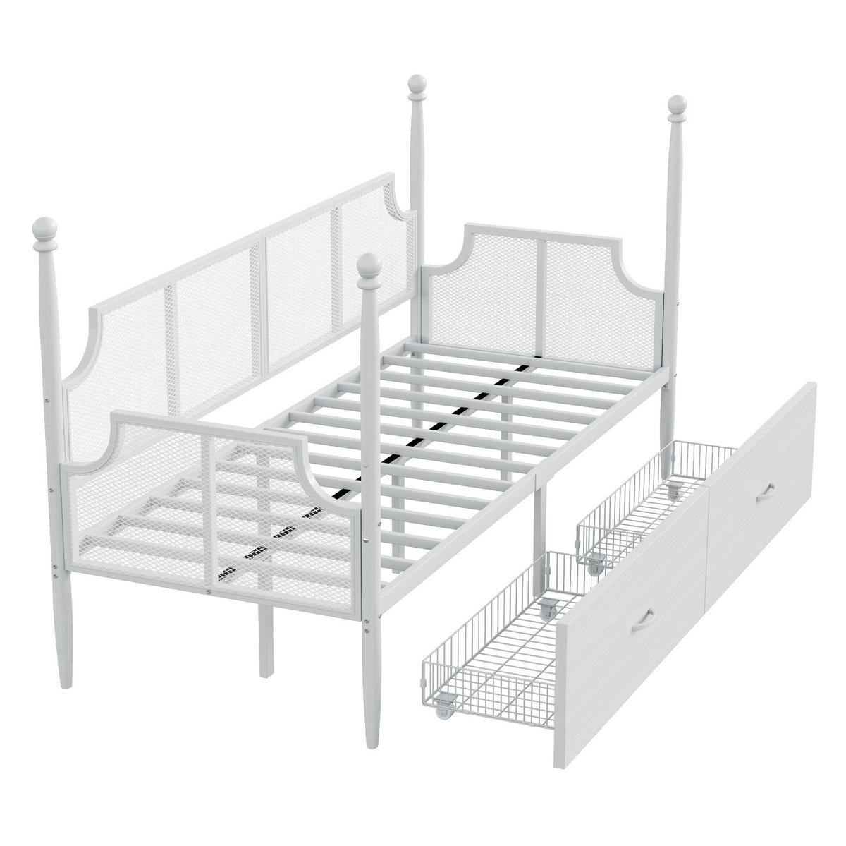METALLBETT 90/200 cm weiß mit Vintage-Rückenlehne und Ablagefächern - Weiß, Metall (90/200cm) - OKWISH