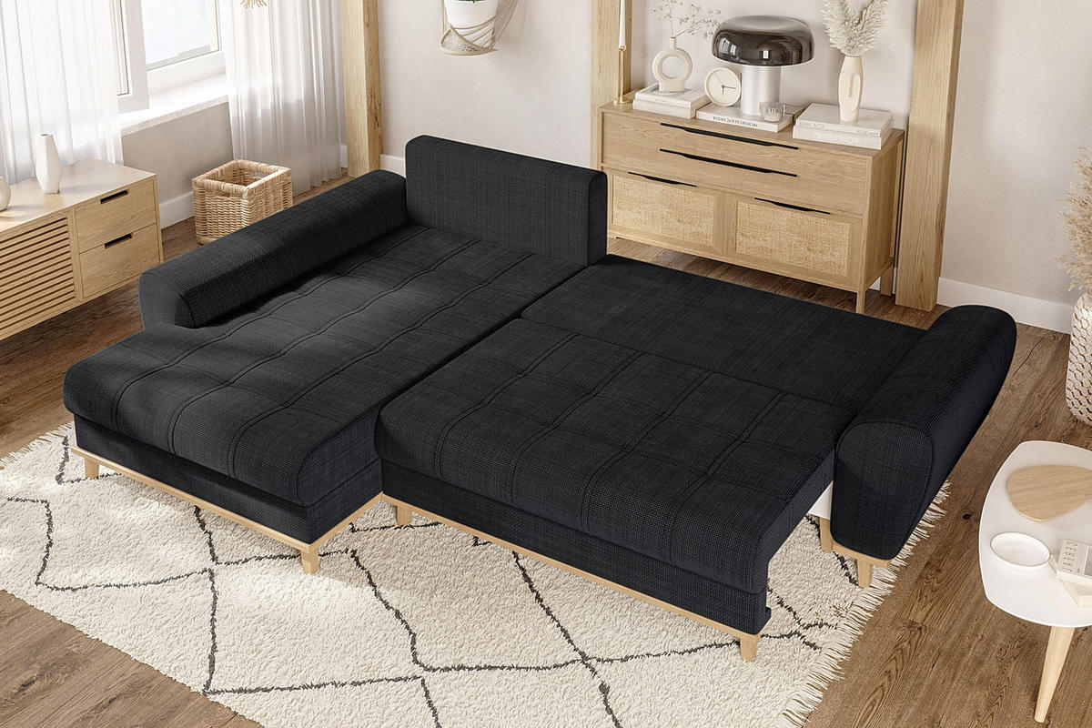 ECKSOFA im Scandi-Stil, Schlaffunktion, Bettkasten B268/T175/H86 cm, Ottomane links, Liegefl. 128x209 cm, Bouclé Chenille Stoff in Anthrazit / 21012 - Eichefarben/Anthrazit, Holz/Textil (268/175cm) - luma-home