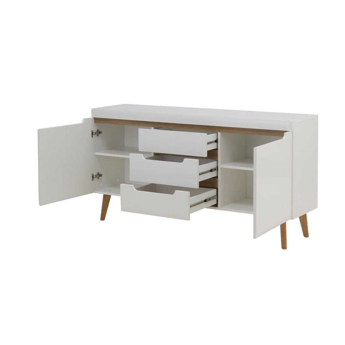 KOMMODE Nodis Weißer Glanz, Eiche Beine, Schubladenkommode - Braun/Weiß, Holzwerkstoff (160/83/40cm) - Bettso