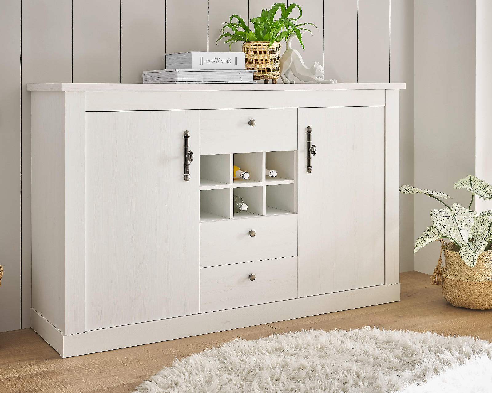 SIDEBOARD weiß Pinie Landhaus, hohe Kommode 166 x 100 cm, Soft-Close-Funktion - Weiß, Holzwerkstoff/Kunststoff (169/104/45cm) - Furn.Design