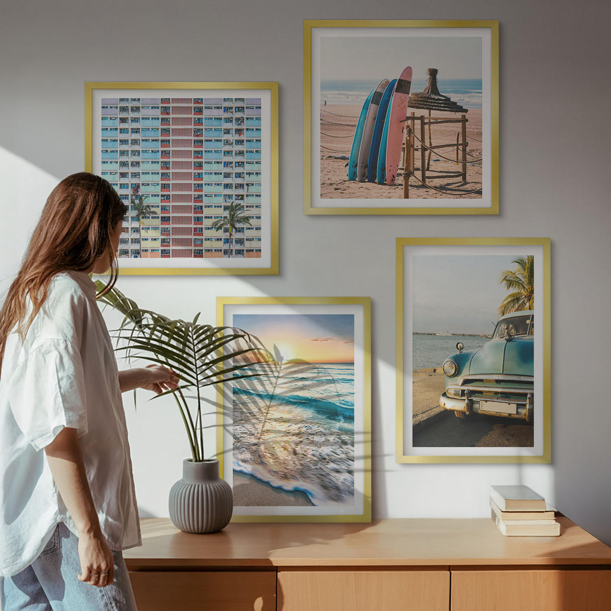 BILDER SET 4er Set - 50x50 cm & 40x60 cm Goldrahmen - Sonnenuntergang in Miami - Goldfarben, Kunststoff (50/50cm) - TULUP