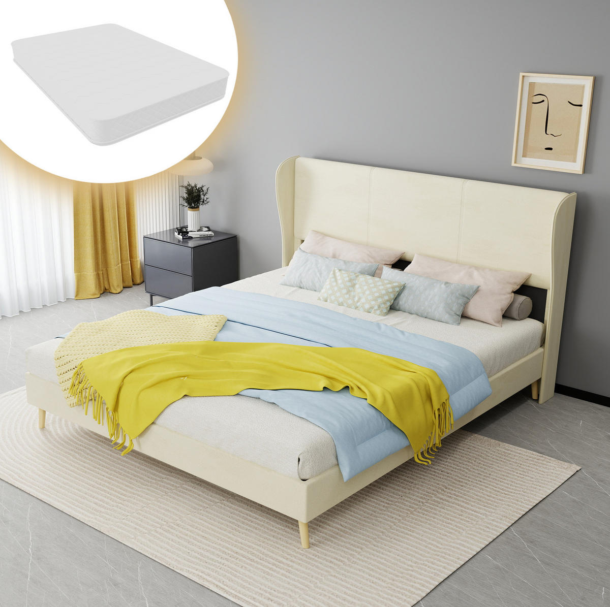 POLSTERBETT 160/200 cm mit gepolstertem Kopfteil und Matratze, Beige - Beige, Textil (160/200cm) - Redom