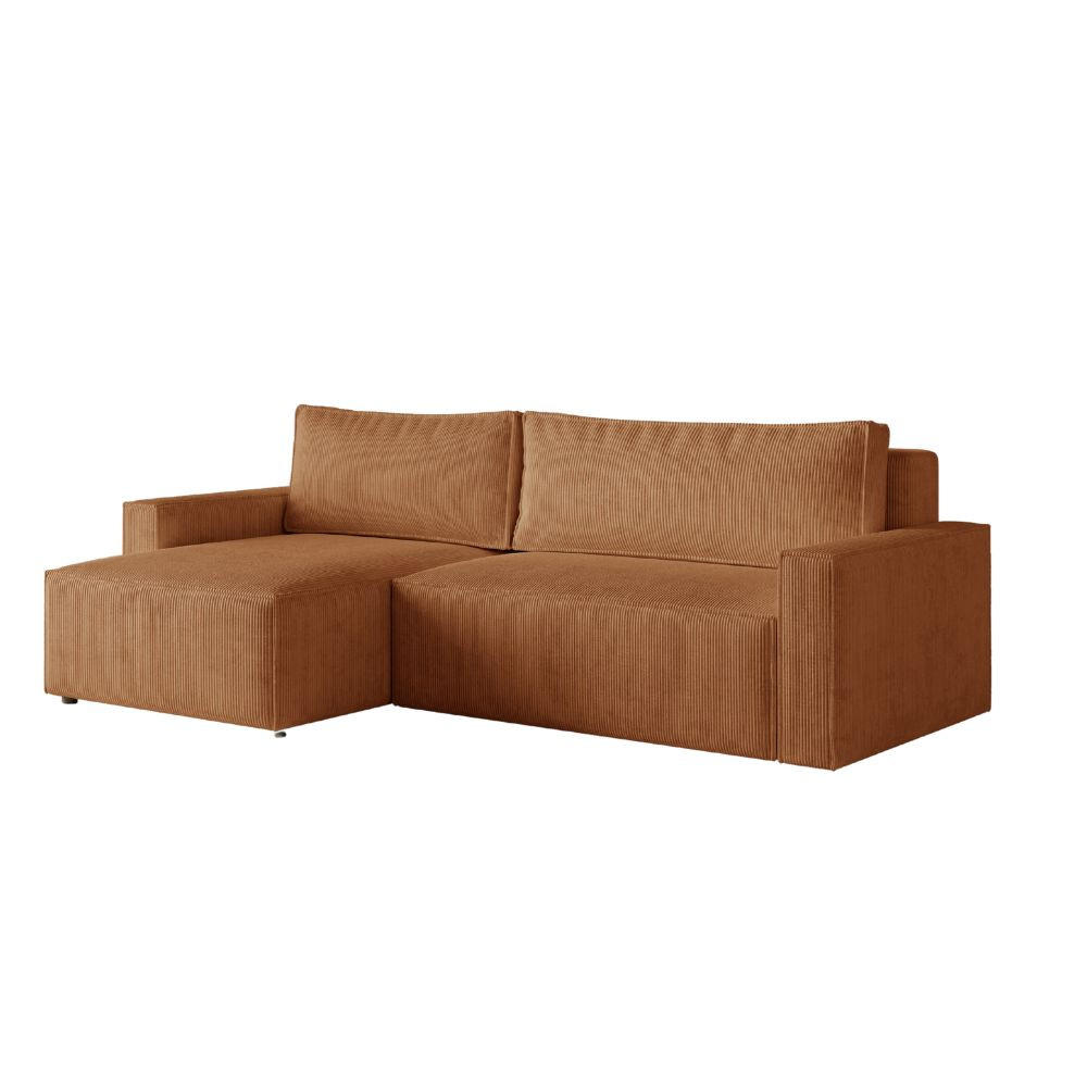 ECKSOFA LIVIO L mit Schlaffunktion und Bettkasten, weicher, dicker Cord pet friendly - POSO 40 - Dunkelorange, Holz (230/195cm) - Dekori_Interiors