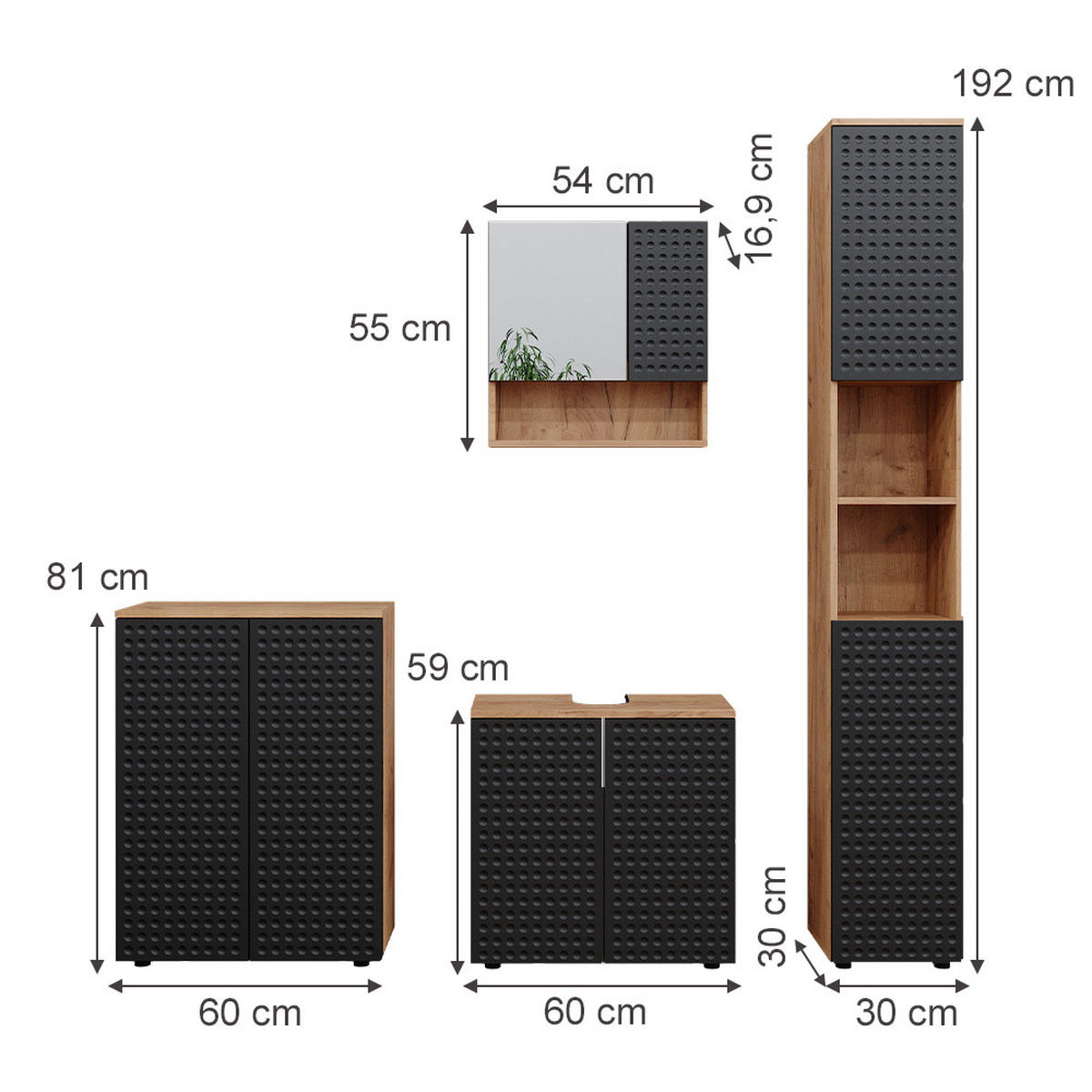 BADMÖBEL-SET Irma Anthrazit gepunktet 4 Teile mit Hochschrank und Kommode - Anthrazit/Eiche Wotan, Holzwerkstoff (80/58.6/41cm) - Vicco